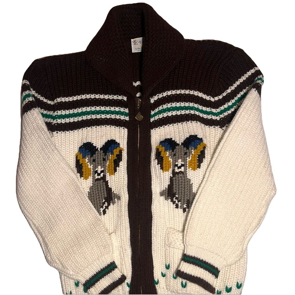 Vintage Knit Rite Mills Pure Orlon Cardigan Sweater Big Horn Sheep M